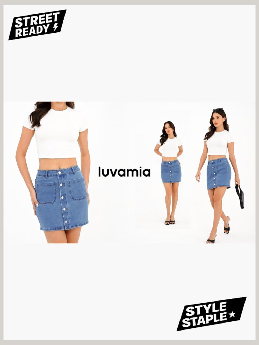 High Waisted Denim Mini Skirt Stretchy Pencil Fit Button Front Pockets - Picture 7 of 7